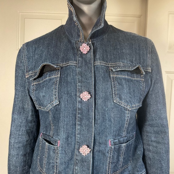 Luii Womens Lined Denim Jacket Jeweled Buttons Size Medium Cropped - Picture 2 of 9